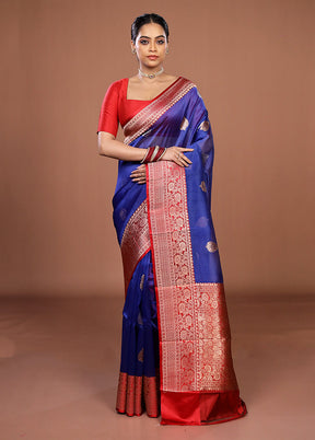 Blue Handloom Pure Organza Saree With Blouse Piece