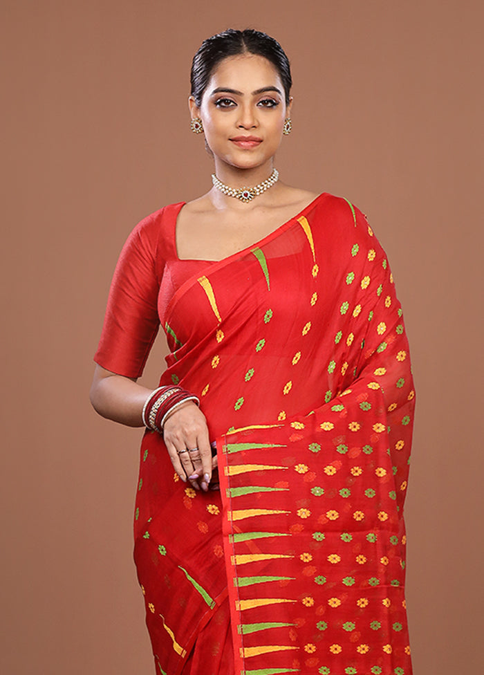 Red Jamdani Cotton Saree Without Blouse Piece
