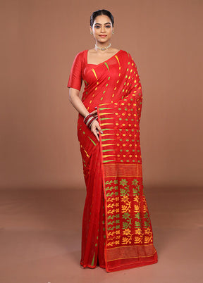 Red Jamdani Cotton Saree Without Blouse Piece