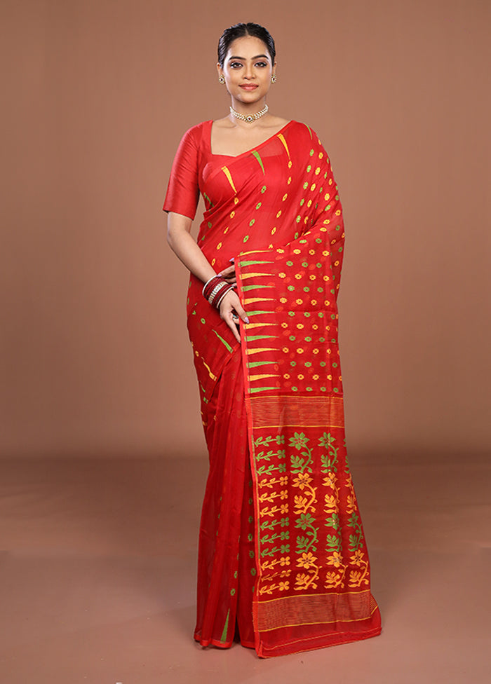 Red Jamdani Cotton Saree Without Blouse Piece