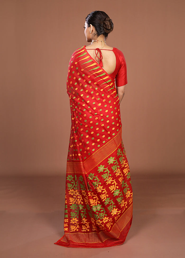 Red Jamdani Cotton Saree Without Blouse Piece