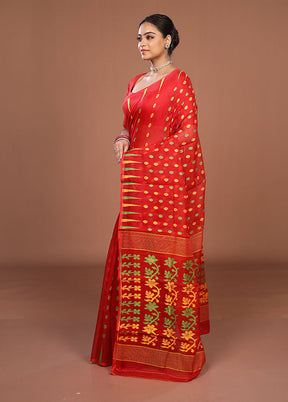 Red Jamdani Cotton Saree Without Blouse Piece