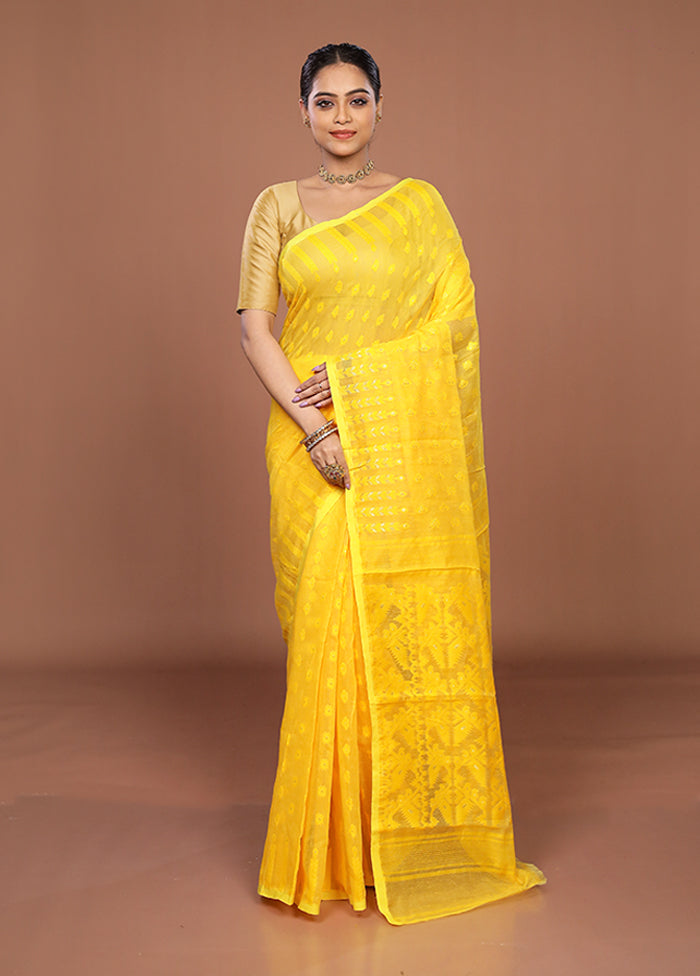 Yellow Jamdani Cotton Saree Without Blouse Piece