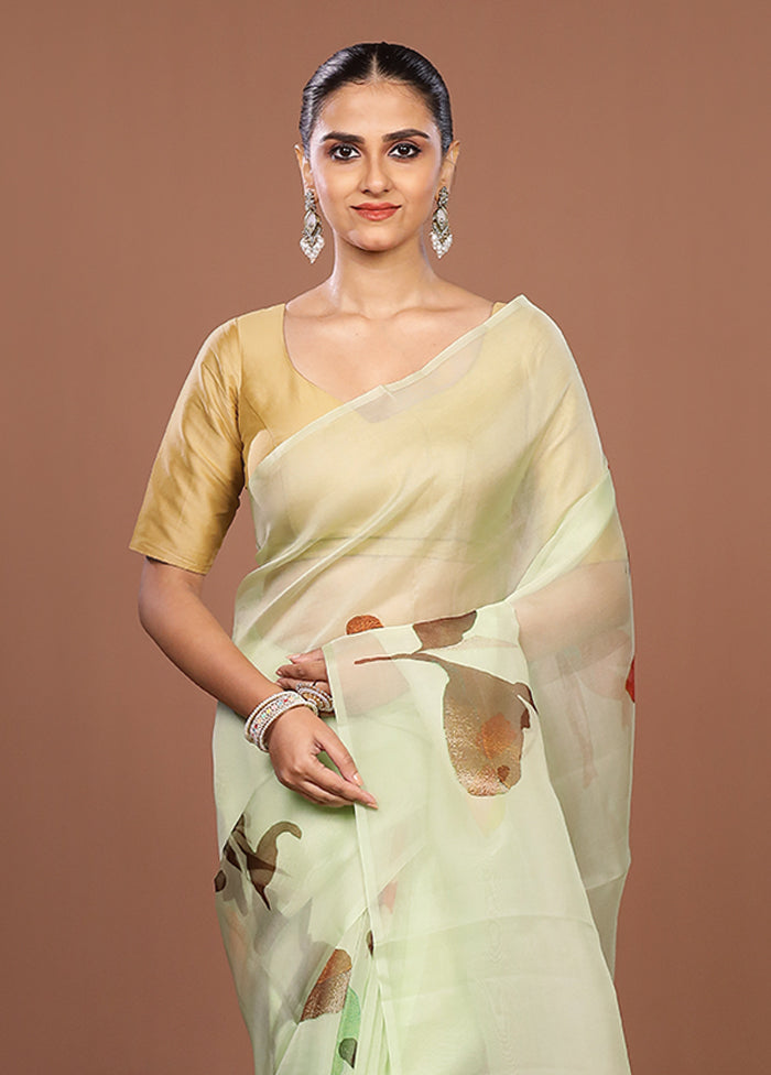 Green Handloom Pure Organza Saree With Blouse Piece