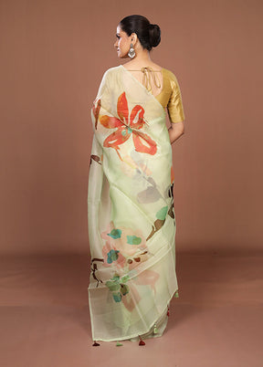 Green Handloom Pure Organza Saree With Blouse Piece