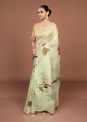 Green Handloom Pure Organza Saree With Blouse Piece
