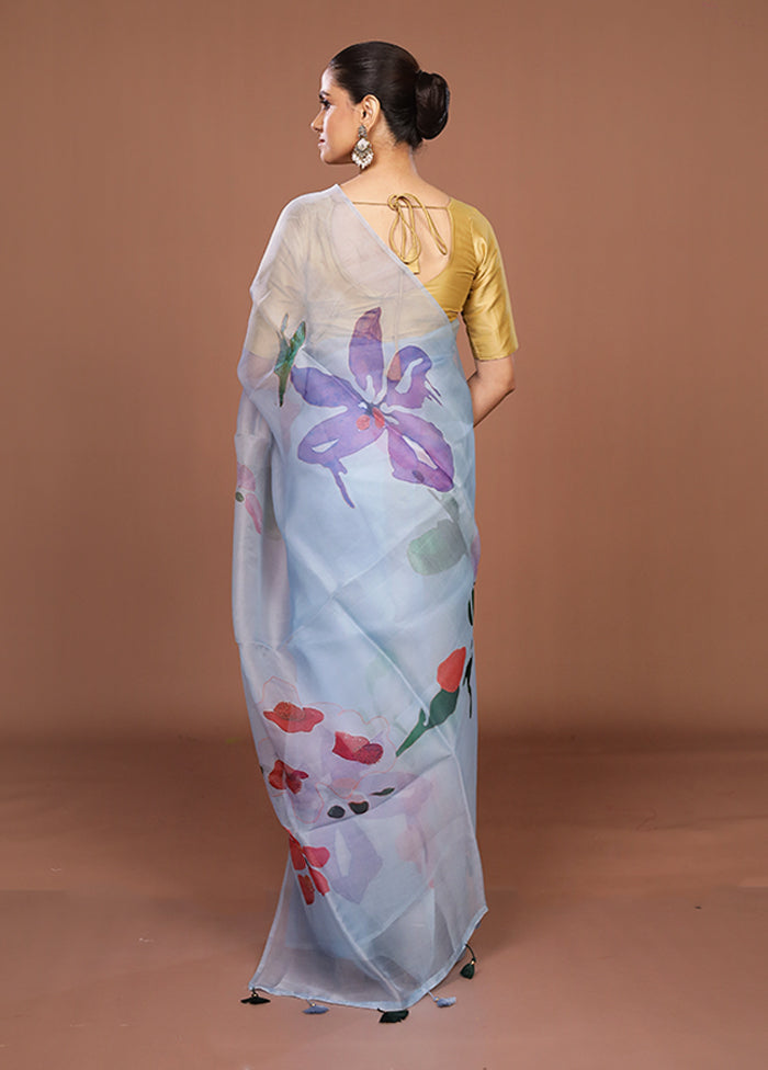 Blue Handloom Pure Organza Saree With Blouse Piece