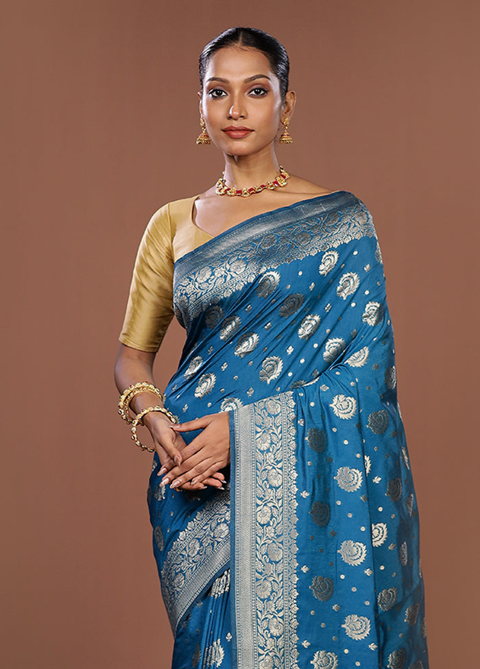 Blue Dupion Silk Saree With Blouse Piece