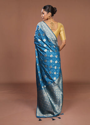 Blue Dupion Silk Saree With Blouse Piece