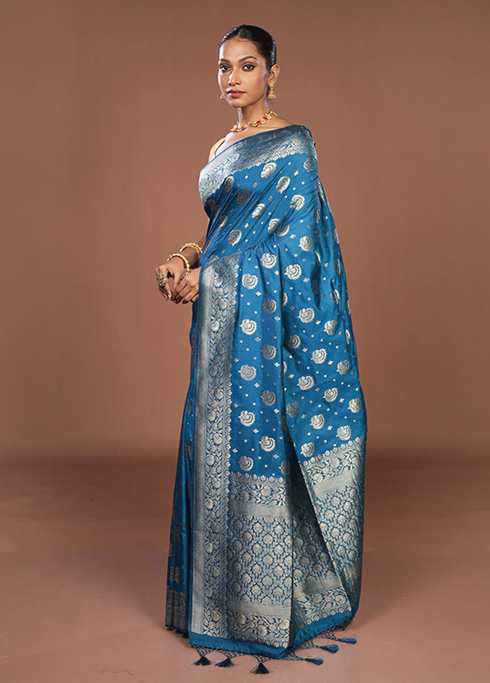 Blue Dupion Silk Saree With Blouse Piece