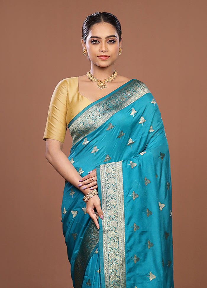 Blue Dupion Silk Saree With Blouse Piece
