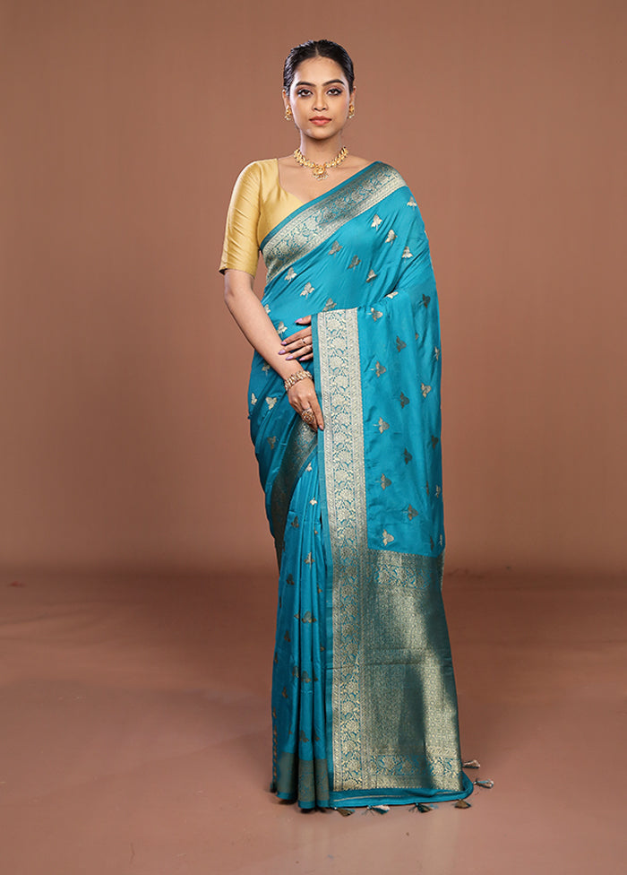 Blue Dupion Silk Saree With Blouse Piece