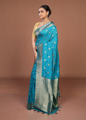 Blue Dupion Silk Saree With Blouse Piece
