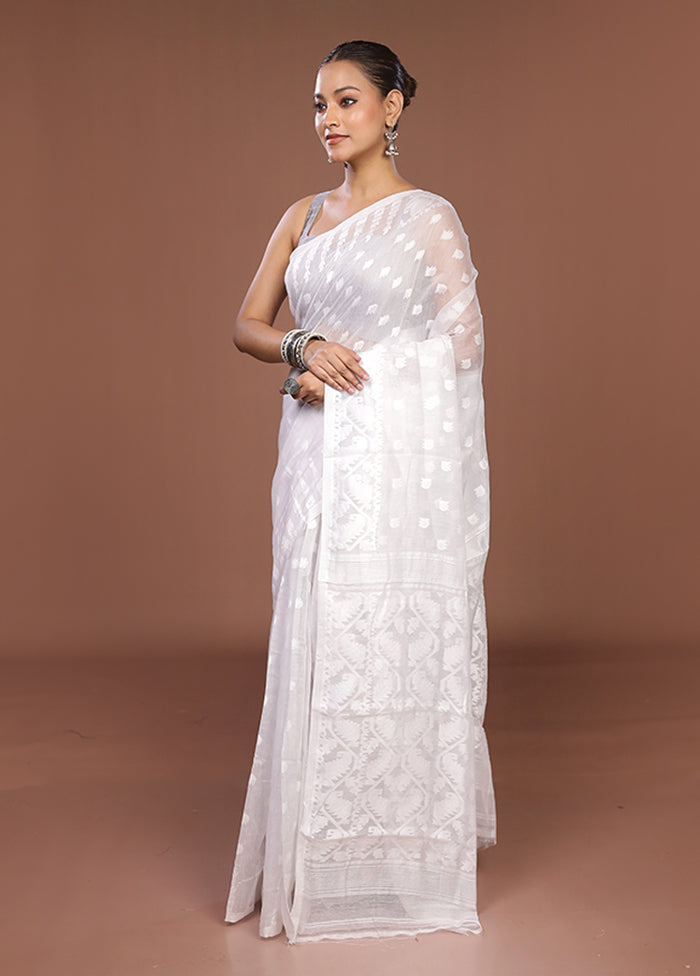 White Jamdani Cotton Saree Without Blouse Piece