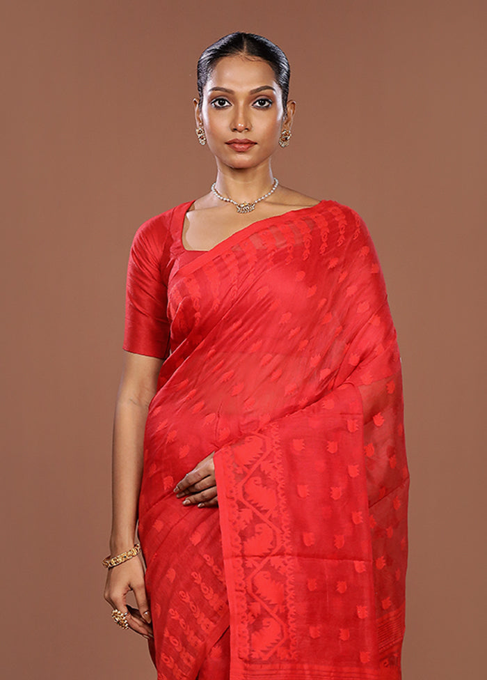 Red Jamdani Cotton Saree Without Blouse Piece