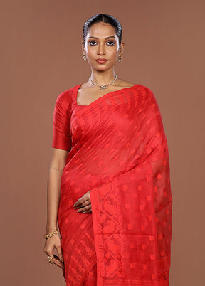 Red Jamdani Cotton Saree Without Blouse Piece
