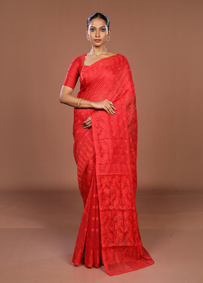 Red Jamdani Cotton Saree Without Blouse Piece