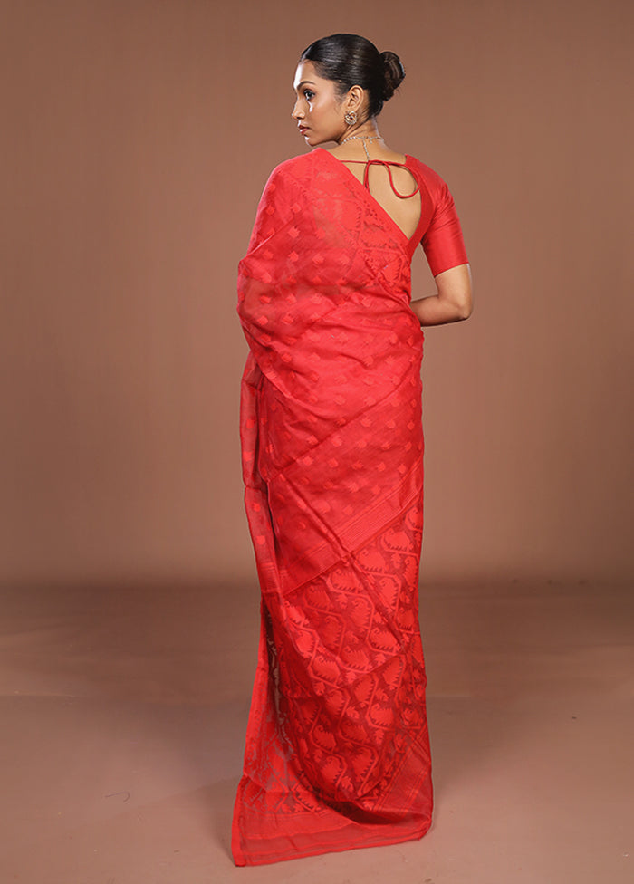 Red Jamdani Cotton Saree Without Blouse Piece