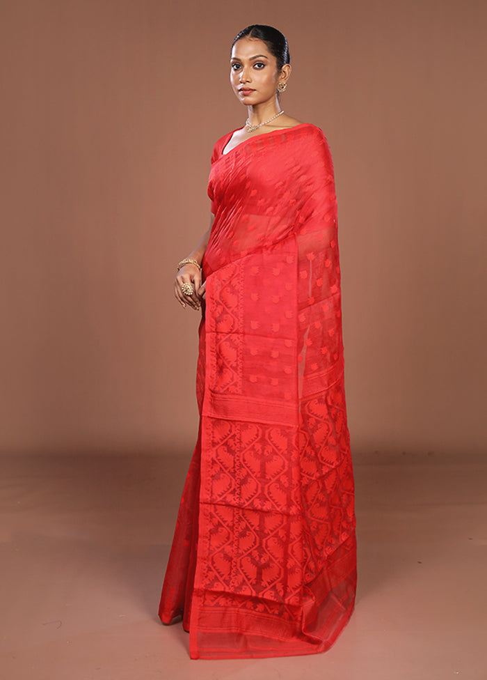 Red Jamdani Cotton Saree Without Blouse Piece