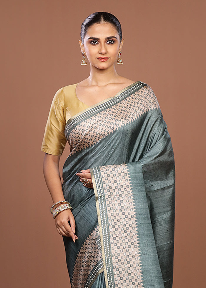 Green Tussar Silk Saree With Blouse Piece