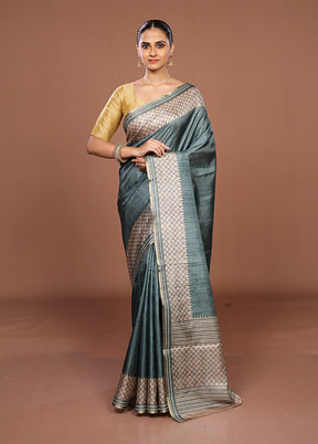 Green Tussar Silk Saree With Blouse Piece
