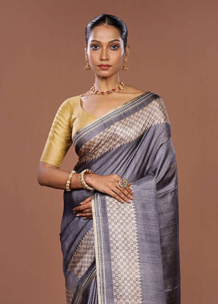 Grey Tussar Silk Saree With Blouse Piece