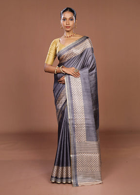 Grey Tussar Silk Saree With Blouse Piece
