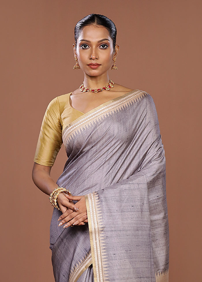 Grey Tussar Silk Saree With Blouse Piece
