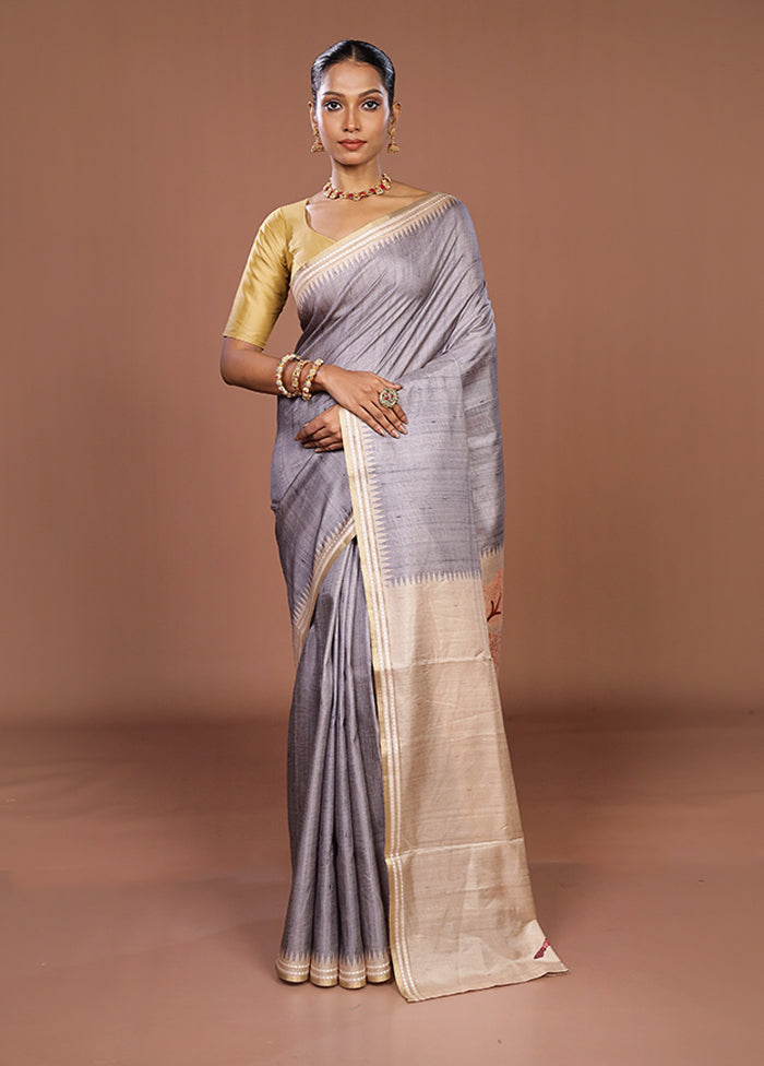 Grey Tussar Silk Saree With Blouse Piece
