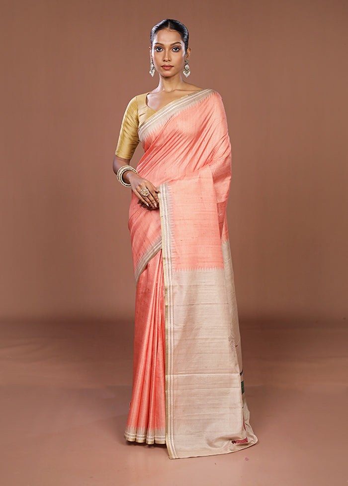 Peach Tussar Silk Saree With Blouse Piece