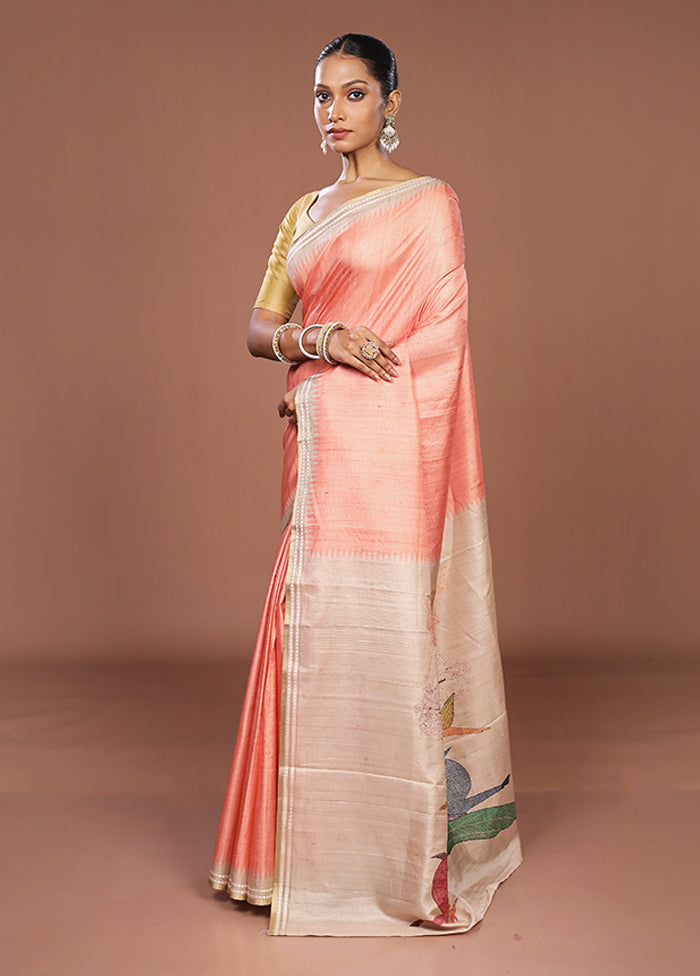 Peach Tussar Silk Saree With Blouse Piece
