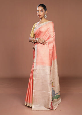 Peach Tussar Silk Saree With Blouse Piece
