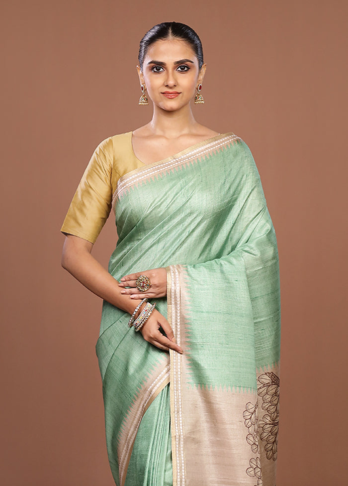 Green Tussar Silk Saree With Blouse Piece
