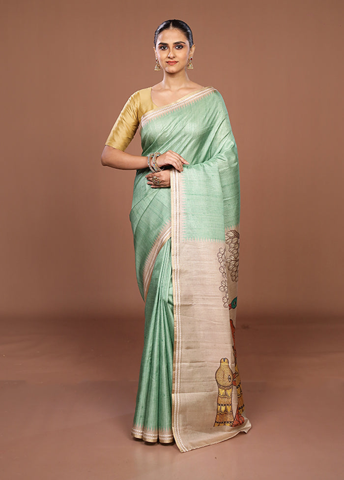 Green Tussar Silk Saree With Blouse Piece