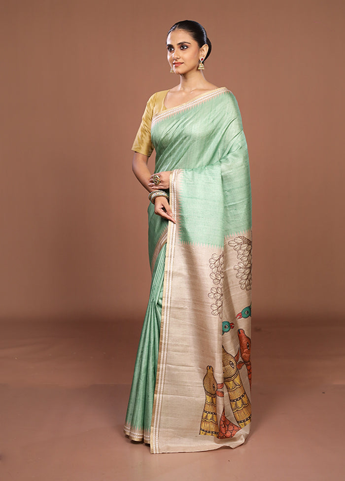 Green Tussar Silk Saree With Blouse Piece