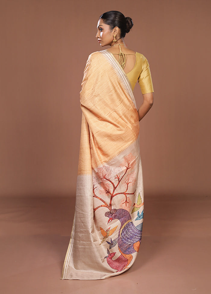 Cream Tussar Silk Saree With Blouse Piece