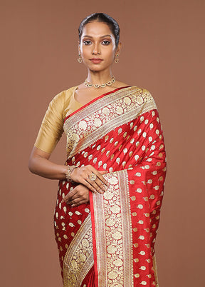 Red Handloom Banarasi Pure Silk Saree With Blouse Piece