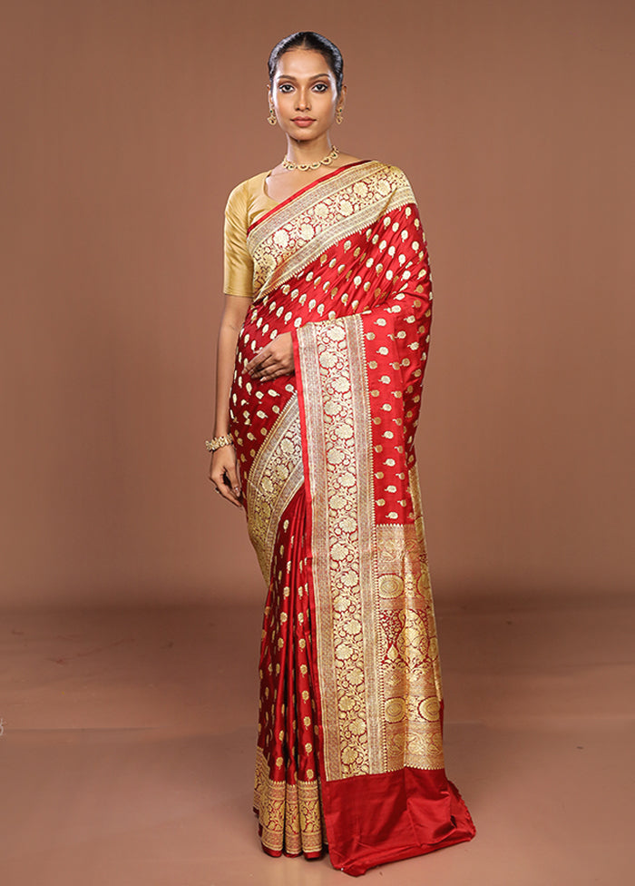 Red Handloom Banarasi Pure Silk Saree With Blouse Piece