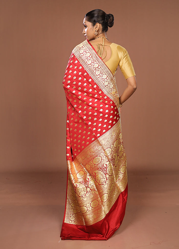 Red Handloom Banarasi Pure Silk Saree With Blouse Piece