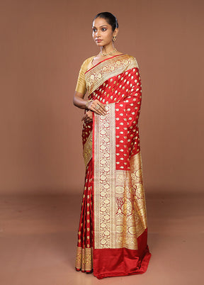 Red Handloom Banarasi Pure Silk Saree With Blouse Piece