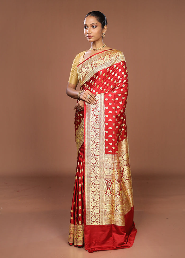 Red Handloom Banarasi Pure Silk Saree With Blouse Piece