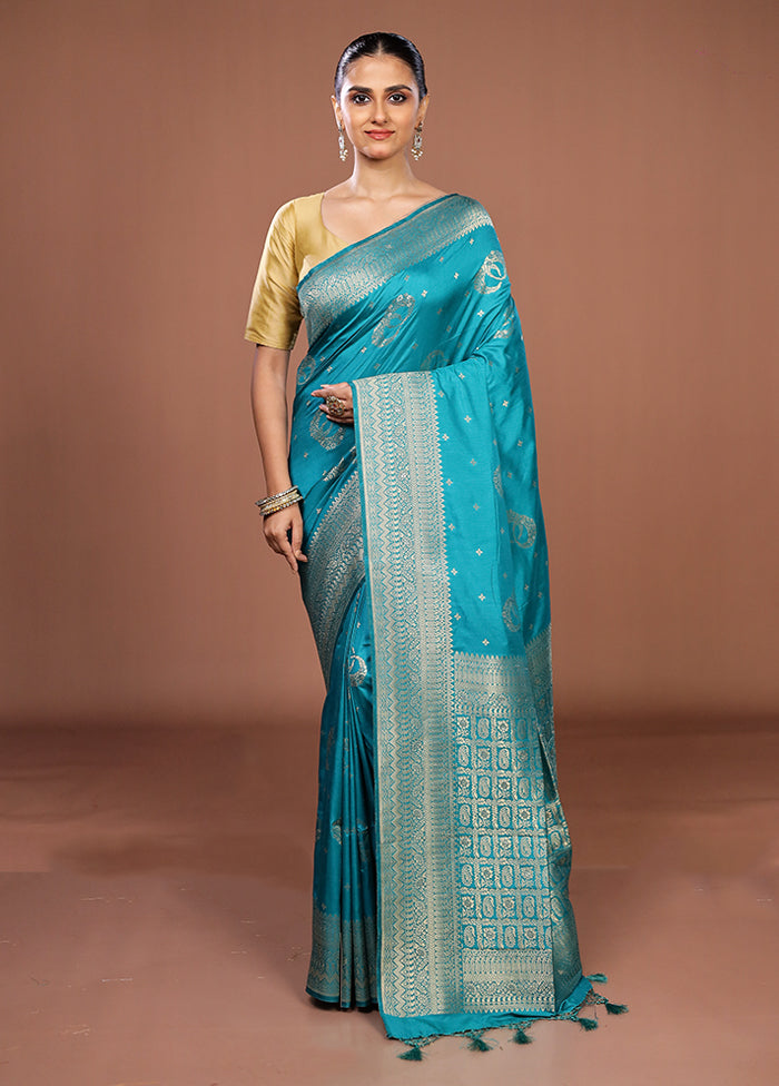 Blue Dupion Silk Saree With Blouse Piece