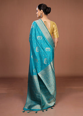 Blue Dupion Silk Saree With Blouse Piece