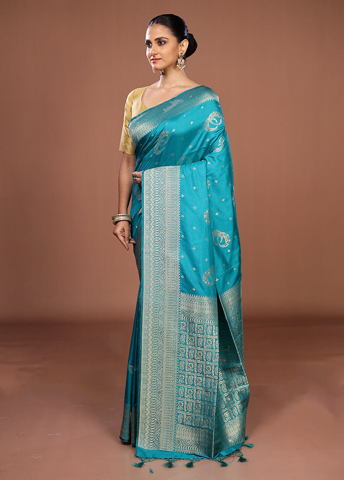 Blue Dupion Silk Saree With Blouse Piece