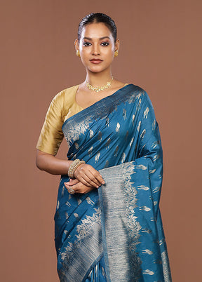 Blue Dupion Silk Saree With Blouse Piece