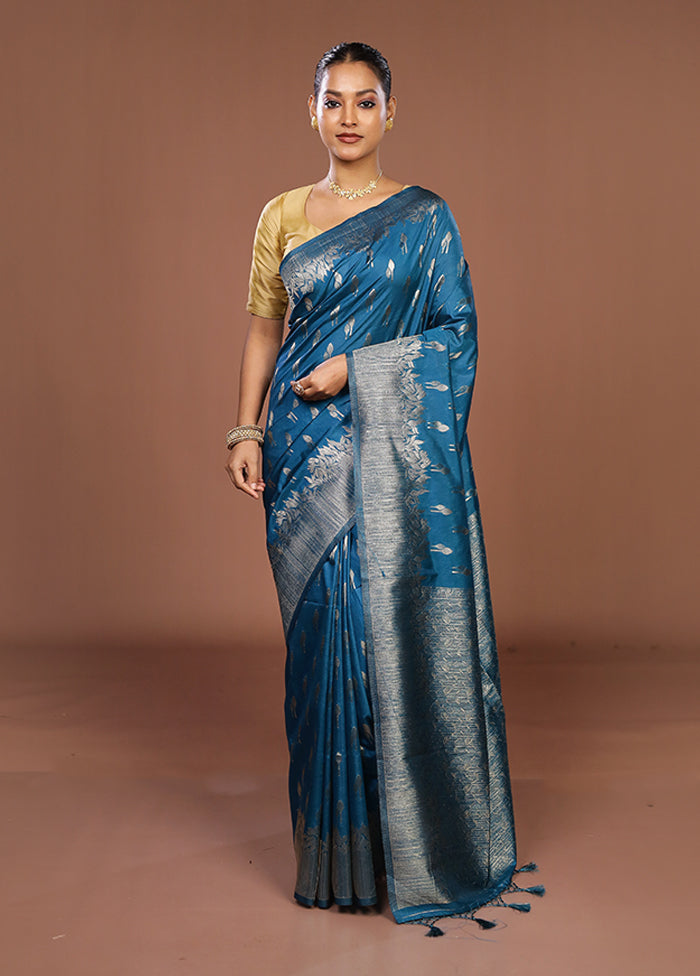 Blue Dupion Silk Saree With Blouse Piece