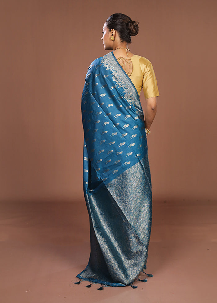 Blue Dupion Silk Saree With Blouse Piece