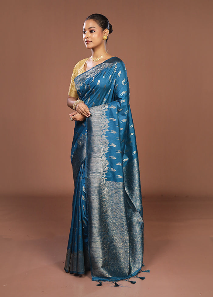 Blue Dupion Silk Saree With Blouse Piece