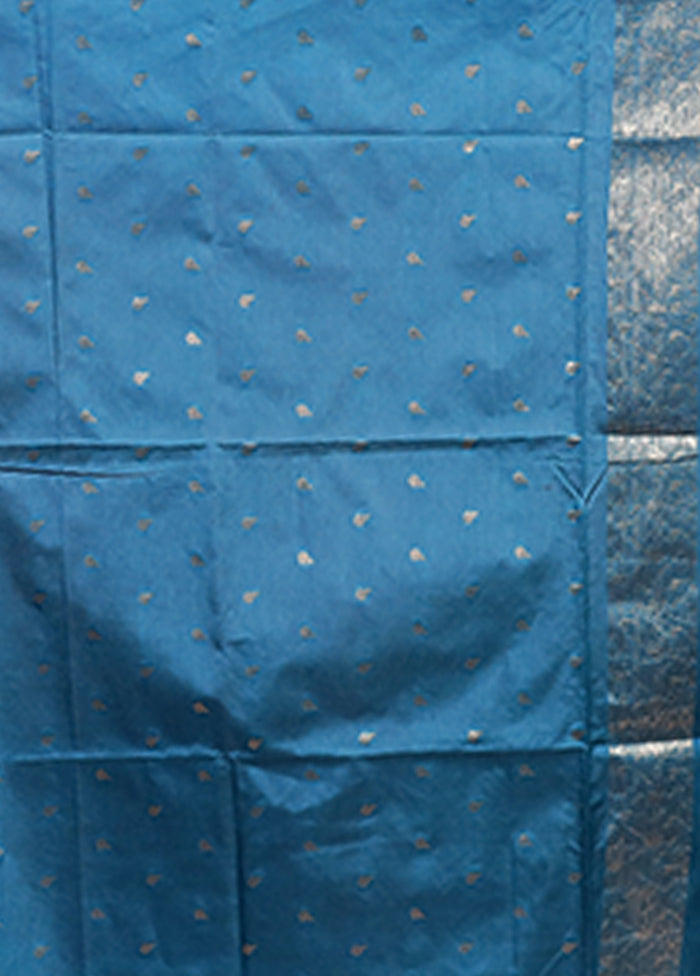 Blue Dupion Silk Saree With Blouse Piece