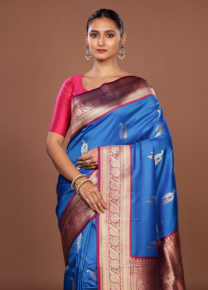 Blue Dupion Silk Saree With Blouse Piece